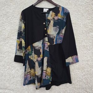 Parsley & Sage Tunic Womens XL Black‎ Abstract Panel 3/4 Sleeve Button Henley
